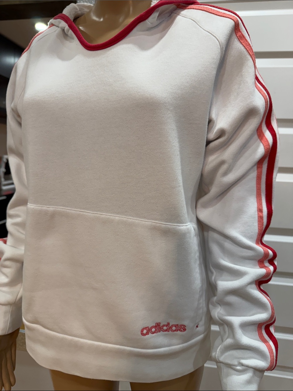 Adidas White Hoodie with Pink & Red 3-Stripes – Women’s Medium